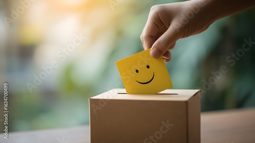Hand places yellow paper with smiley face into ballot box Happy Vote Opinion