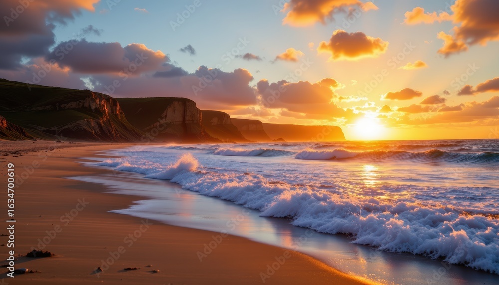 Obraz premium Vibrant Sunset Over Calm Ocean Waves at Scenic Beach with Majestic Cliffs in the Background