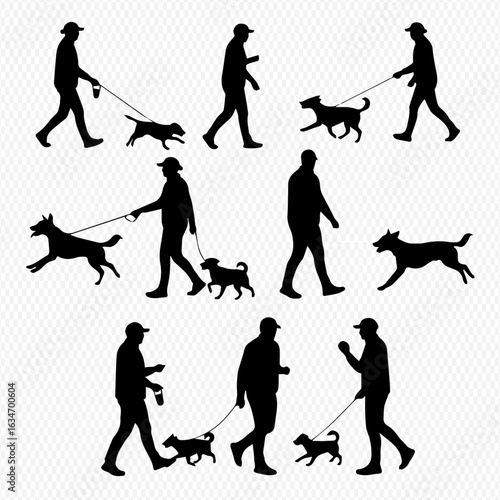 A collection of black silhouettes showing men in various poses walking different dogs on leashes.