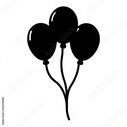 Three festive balloons floating with strings in a black silhouette drawing
