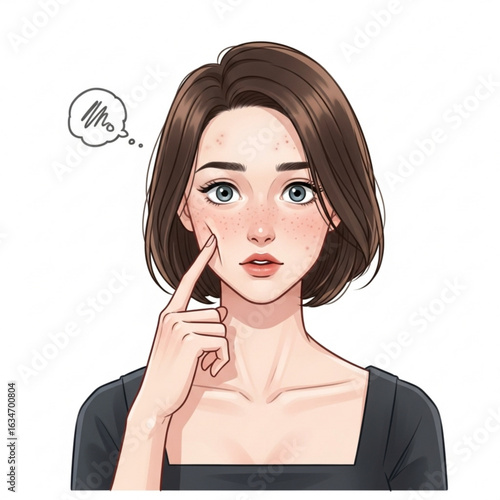 Vector art of young woman with acne problem touching her face isolated on white background