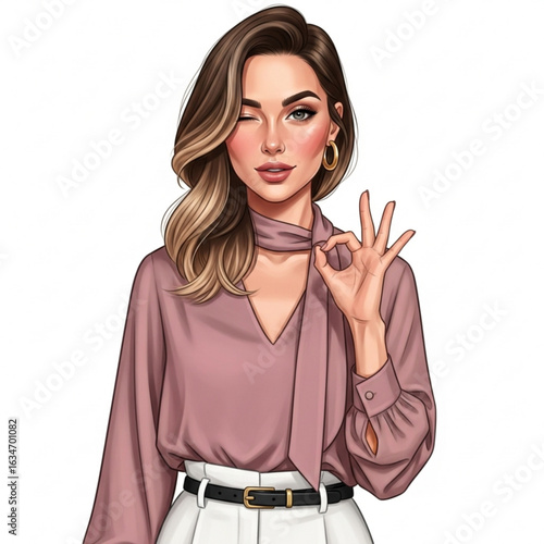 Vector art of cartoon woman in pink blouse winking and gesturing ok isolated on white background