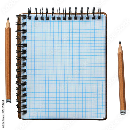 Spiral bound notebook with blue grid paper and two pencils on a black background isolated on transparent background