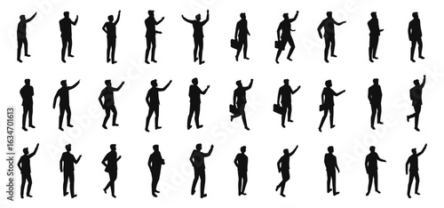 Silhouettes of diverse business people standing, walking, men full length Including business concept. Vector illustration on transparent background.