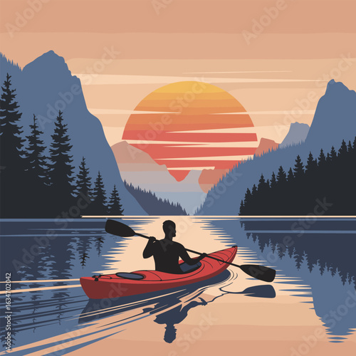 Man Kayaking in Mountain Lake During Sunset – Scenic Adventure Vector Illustration.