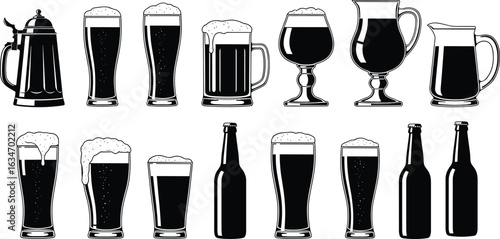 Beer glass silhouette vector illustration, mug and bottle design, foam-filled drinkware icons, black bar set, Adobe Stock, cad drawing flat vector illustration