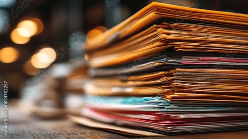 A stack of various documents in file folders with sharp focus on the edge, highlighting organization and variety,