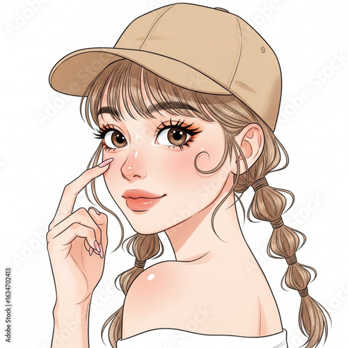 Vector art of cartoon portrait of a beautiful young woman with cap isolated on white background