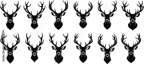Deer antler silhouette set, stag head vector icons, wildlife horn illustration grid, Adobe Stock, cad drawing flat vector artwork