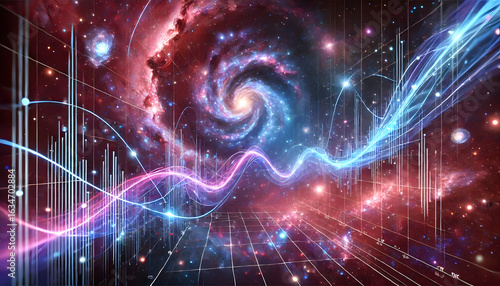 Wallpaper Mural A cosmic-themed graph, featuring swirling lines, galaxies, and nebulae in the background. Torontodigital.ca