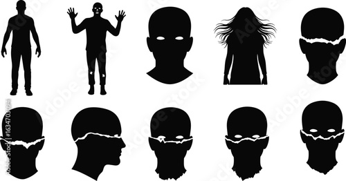 Human figure silhouettes, cracked head icons, emotional expression, black vector illustration, CAD drawing, flat design, abstract faces, torn features