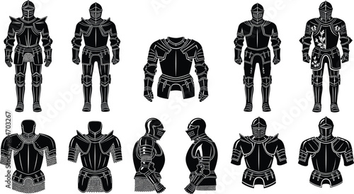 night armor silhouette vector set, medieval warrior suits, helmet and chest plate icons, Adobe Stock, cad drawing flat vector