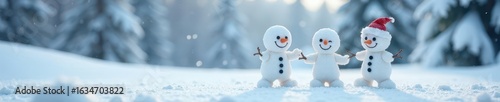 Three snow figures, playful poses, snowy backdrop , winter holiday, snowman, winter wonderland