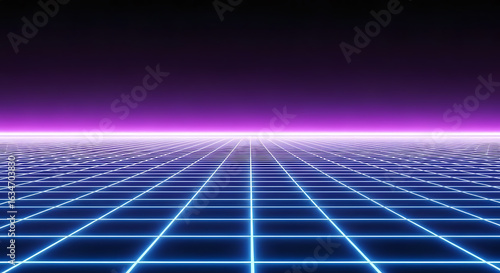 Neon grid landscape with purple horizon creating a retro futuristic aesthetic backdrop design style