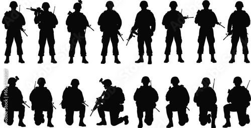 Soldier silhouette vector set, military rifle poses, army stance icons, combat gear artwork, Adobe Stock, cad drawing flat vector