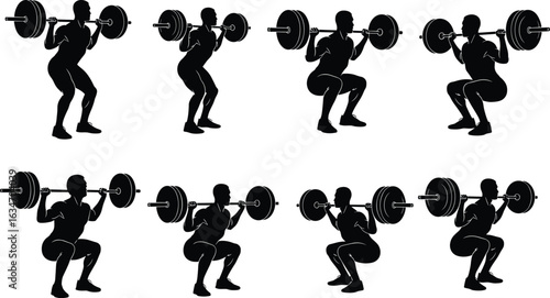 Barbell squat silhouette vector set, gym workout poses, strength training icons, fitness exercise sequence, Adobe Stock, cad drawing flat vector