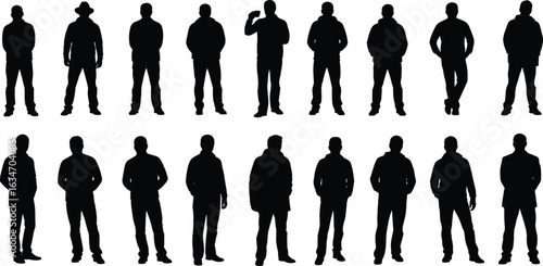 Standing pose silhouette vector set, casual human gestures, black figure icons, relaxed stance artwork, Adobe Stock, cad drawing flat vector