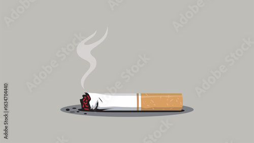 Flat Design Cigarette Butt Vector Illustration | Anti-Smoking Concept | Burnt Cigarette Stub with Smoke on Ground | EPS Isolated on Beige Background