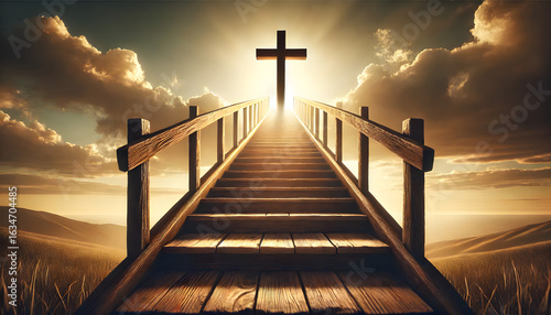 A serene and symbolic image of a wooden cross placed at the top of a set of stairs, bathed in soft, divine light. 