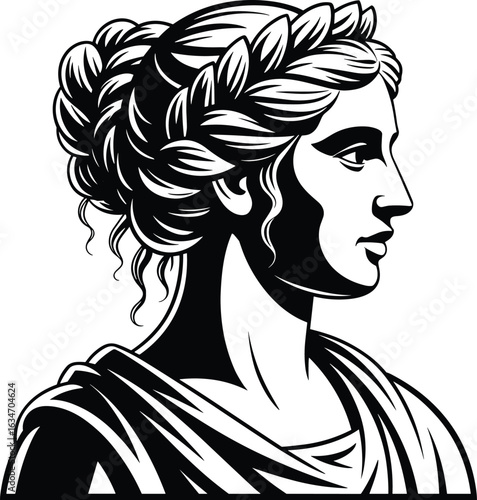 Classical woman illustration, ancient hairstyle, toga attire, black and white vector, Greek Roman art, elegant silhouette