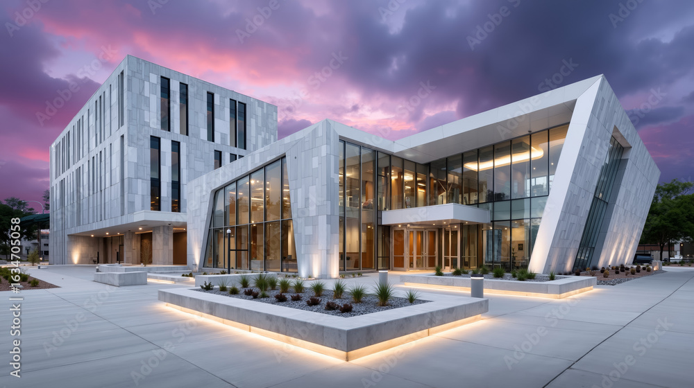 Obraz premium A large white building with a lot of windows at dusk
