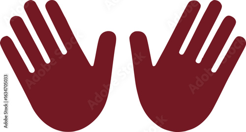 Two Dark Red Open Hands Symbolizing Offering or Advocacy with Fingers Spread Widely Apart on a White Background