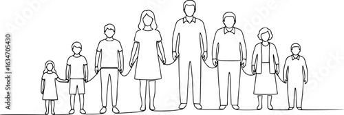 A modern drawing depicts a continuous line of people from various age groups standing together
