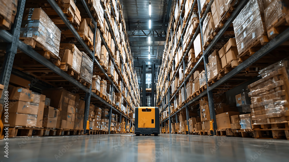 Fototapeta premium Spacious modern warehouse with high racks, packed boxes, and a yellow forklift.