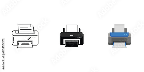 Printer machine graphics set line art silhouette and color