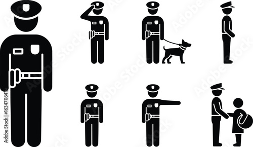 Police officer icons, black silhouette set, law enforcement roles, salute, K9 unit, civilian interaction, vector