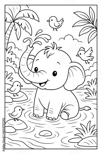 Fototapeta Cute baby elephant splashing in river with birds flying around in jungle, fun coloring page