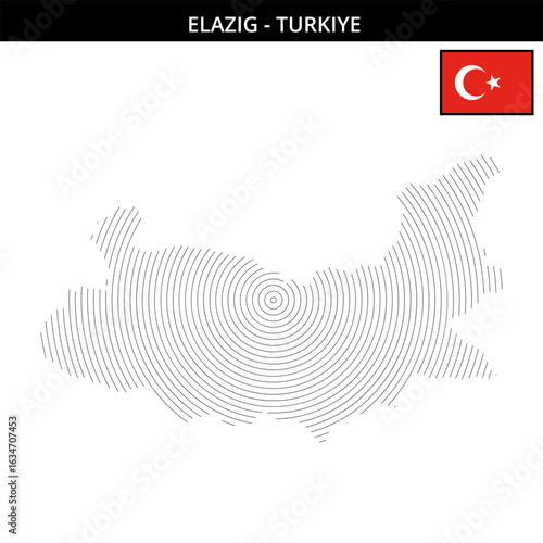City map of Elazig Turkey with geographical circles and flag