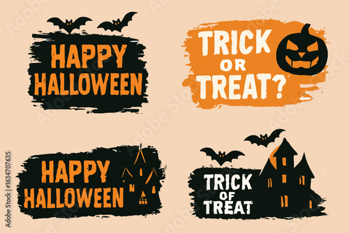Halloween grunge banner set with haunted house, bats, jack o lantern pumpkin, and trick or treat text in spooky orange and black design, for festive decorations, posters, and party invitations