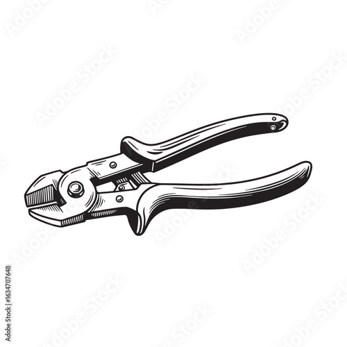 Detailed black and white illustration of a metal pliers hand tool for cutting and gripping