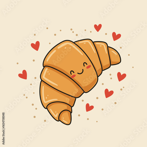 Cute cartoon croissant character with hearts and smiling face  