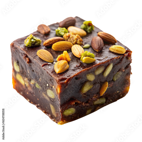 Traditional middle eastern dessert halva with nuts and dates, a sweet and delicious treat, homemade and tasty, isolated on transparent background