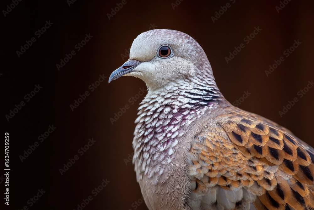 A dove features a mottled plumage of grays whites brown and black against a deep brown background A dove features a mottled plumage of grays whites brown and black against a deep brown background