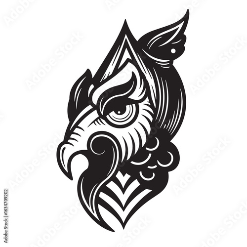 Detailed black and white owl head illustration depicting wisdom and mystical spirit