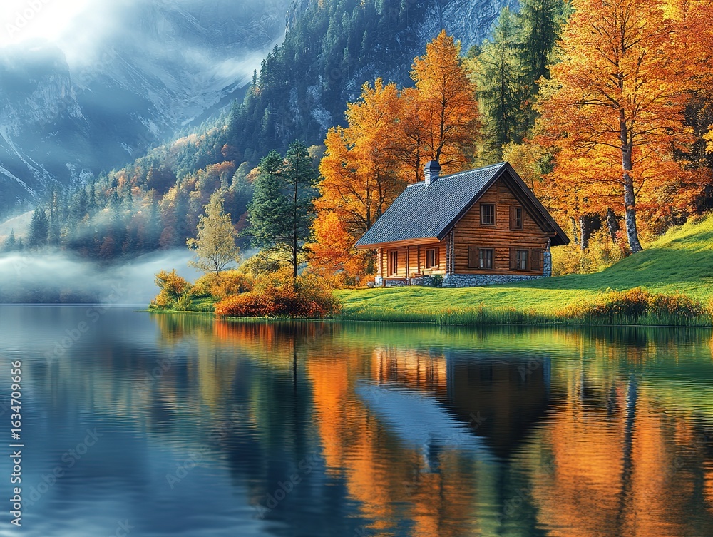 Fototapeta premium Autumn Lake Cabin in Mountainous Forest Scenery