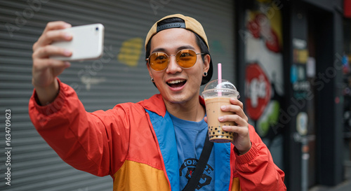 Urban food vlogger holding a bubble tea and posing for a selfie