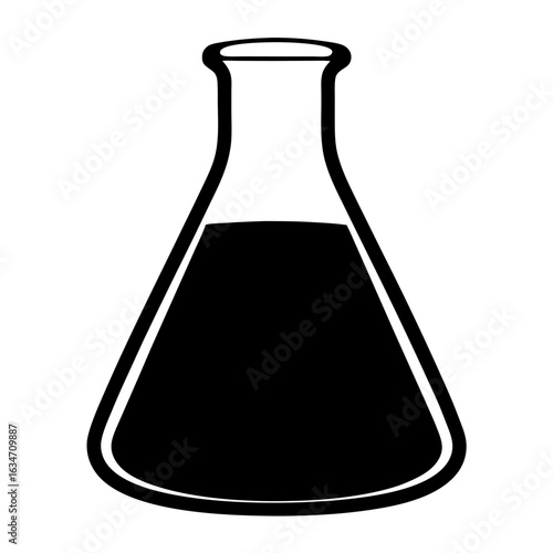 Chemical flask icon for science or laboratory themes, Black silhouette of a laboratory flask filled with liquid, often used in science, chemistry, experiments, research, or education graphics.
