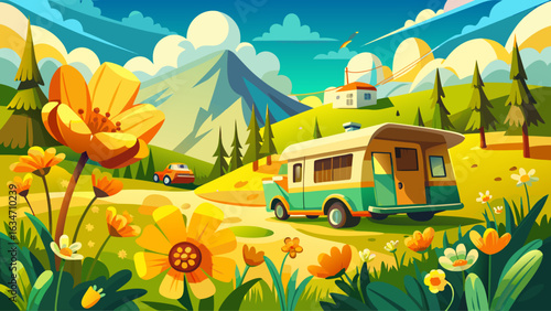 very Beautiful Yellow spring flower and caravan camping