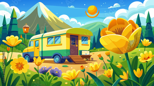 very Beautiful Yellow spring flower and caravan camping