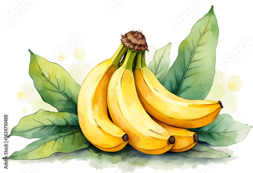 A cluster of ripe yellow bananas rests on vibrant green leaves, showcasing their natural beauty against a clean white backdrop, emphasizing their freshness and appeal.