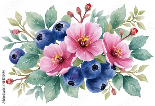 A beautiful composition of pink flowers and blueberries surrounded by green foliage. This artwork radiates freshness and color, perfect for decor or design purposes.