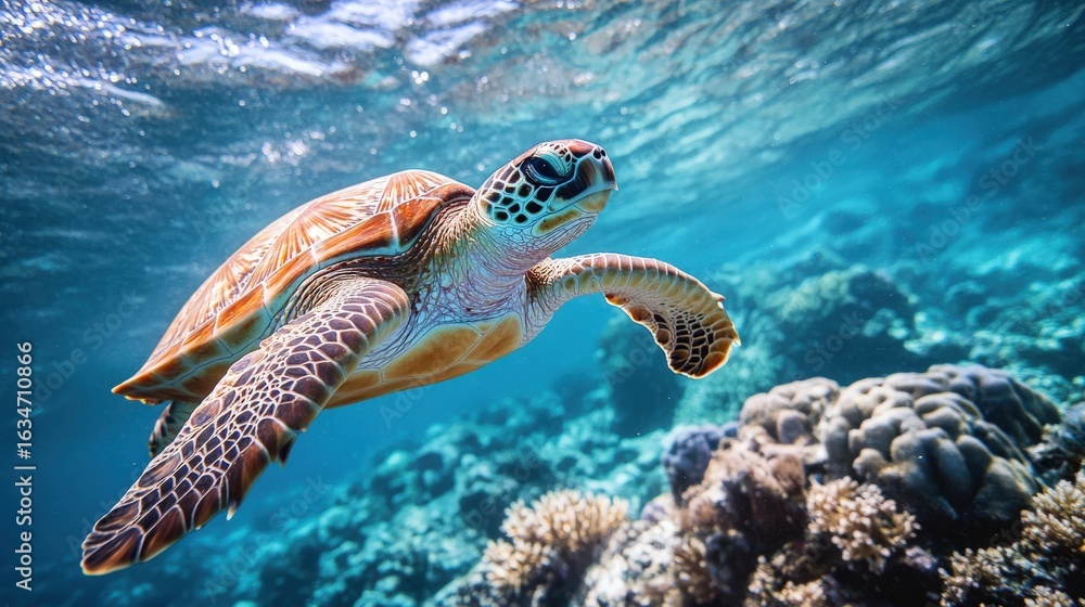 Fototapeta premium Sea turtle swimming amidst a coral reef.