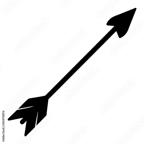 Diagonal arrow silhouette icon for direction or navigation, Black silhouette of a diagonal arrow pointing upward-right, commonly used in design, navigation interfaces, or directional symbols.
