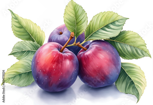 Three fresh, ripe plums with deep purple skin and glossy sheen sit among green leaves. The arrangement highlights their healthy appearance and natural beauty.