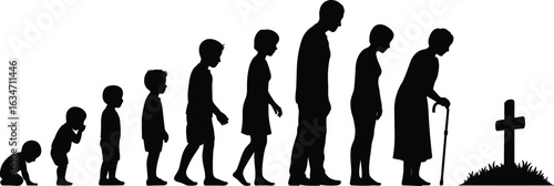 Human life stages, silhouette illustration, aging process, life cycle, growth and development, age progression, timeline, journey, phases, transitions