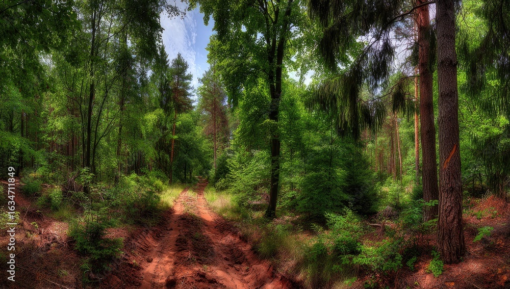 Obraz premium Lush forest path, sunlight filters through dense canopy